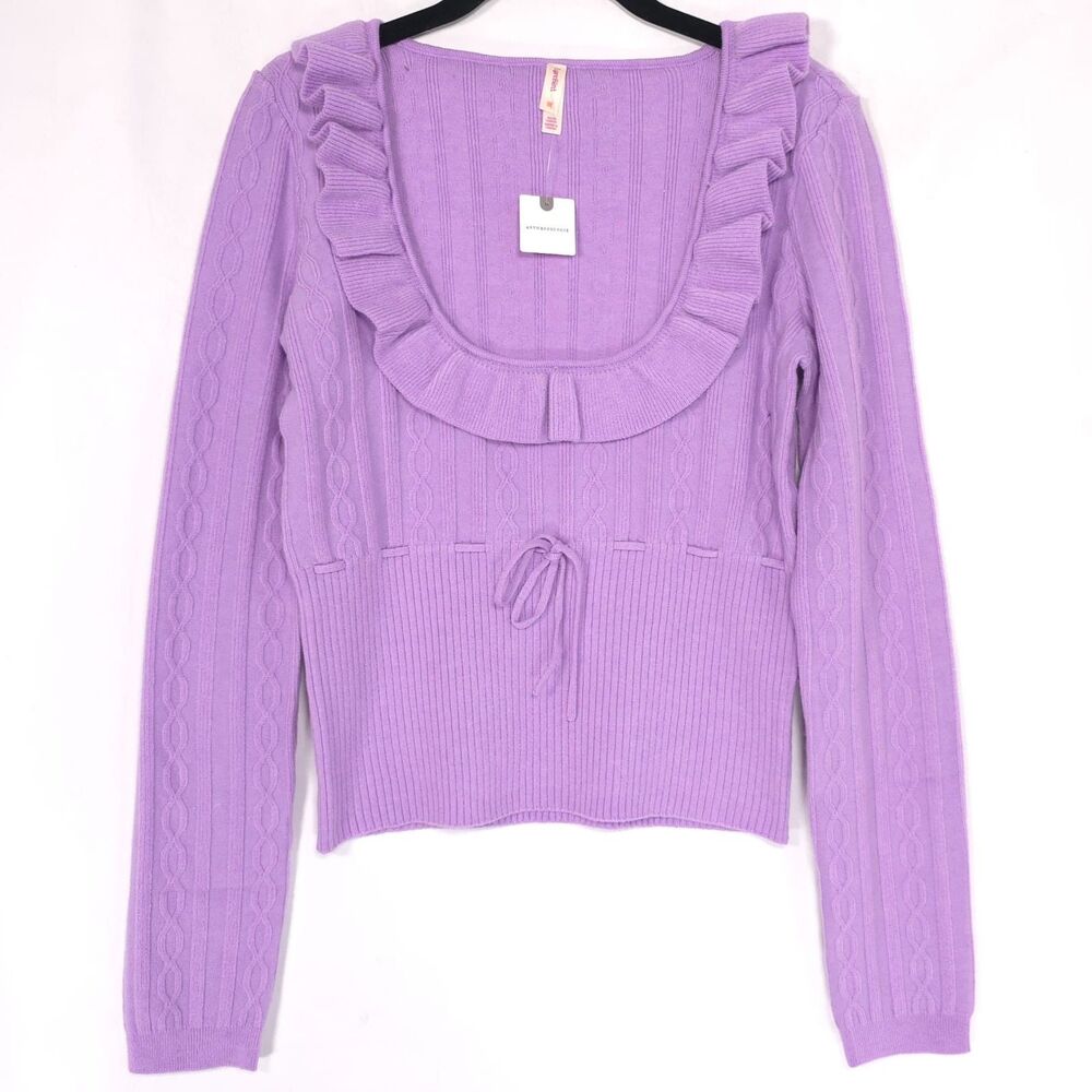 ANTHROPOLOGIE LYEBIRD New Women’s SMALL Ribbed Sweater Top Purple WOOL Blend LS‎